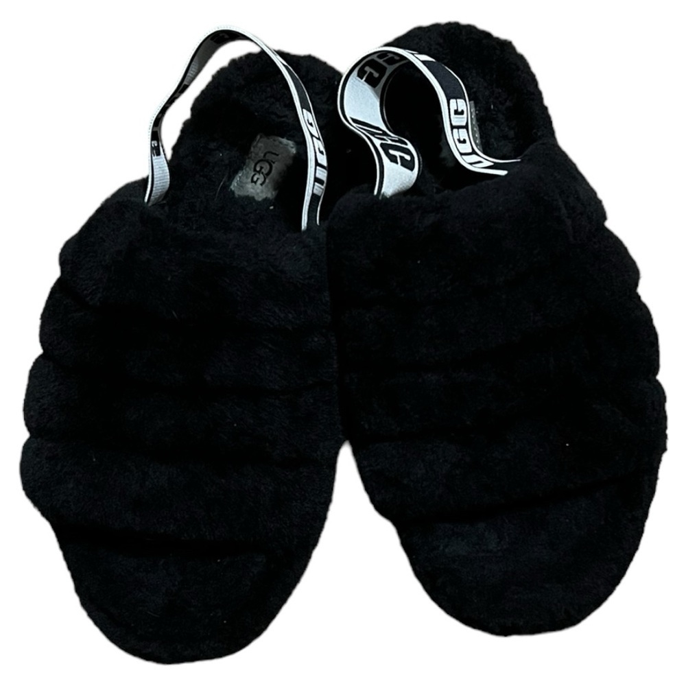 UGG Fluff Yeah Black & White Sandals/Slippers Size 9 - Picture 2 of 11